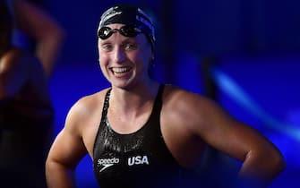 epa06116571 Katie Ledecky of the USA smiles after winning the women's 800m Freestyle final during the 17th FINA Swimming World Championships in the Duna Arena in Budapest, Hungary, 29 July 2017.  EPA/TAMAS KOVACS HUNGARY OUT