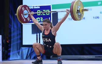 SALT LAKE CITY, UT - MAY 08:  Mattie Rogers competes in the  women's 63kg snatch weight class at the USA Olympic Team Trials for weightlifting at the Calvin L. Rampton Convention Center on May 8, 2016 in Salt Lake City, Utah.  (Photo by Melissa Majchrzak/Getty Images)