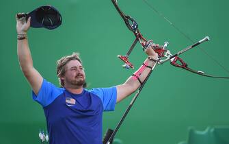 (160812) -- RIO DE JANEIRO, Aug. 12, 2016 (Xinhua) -- Brady Ellison of the United States of America reacts after the men's individual final of archery at the 2016 Rio Olympic Games in Rio de Janeiro, Brazil, on Aug. 12, 2016. Brady Ellison won the bronze medal. (Xinhua/Wang Haofei) (xr) (Photo by Xinhua/Sipa USA)