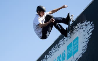 epa07077829 A handout photo made available by the OIS/IOC of Tony Hawk skates on the BMX Freestyle Course as part of a skateboard exhibition in the Urban Park at the Youth Olympic Games, Buenos Aires, Argentina, 07 October 2018.  EPA/OIS/IOC/ SIMON BRUTY HANDOUT  HANDOUT EDITORIAL USE ONLY/NO SALES