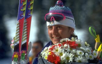 21 FEB 1992:  STEFANIA BELMONDO OF ITALY SMILES AFTER RECEIVING HER GOLD MEDAL FOR WINNING THE WOMENS 30KM CROSS COUNTRY SKIING EVENT AT THE 1992 WINTER OLYMPICS. BELMONDO WON WITH A TIME OF 1:22:30.1 HOURS.