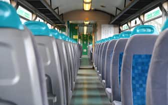CARDIFF, WALES - MARCH 14: A quiet train carriage, normally full of Rugby fans on a Six Nations match day, is pictured en route into Cardiff central after the 2020 Guinness Six Nations match between Wales and Scotland at Principality Stadium was cancelled the day before due to Coronavirus (Covid-19) on March 14, 2020 in Cardiff, Wales. (Photo by Stu Forster/Getty Images)
