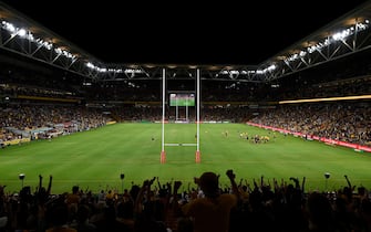 BRISBANE, AUSTRALIA - NOVEMBER 07: Fans celeberate a Wallabies victory during the 2020 Tri-Nations match between the Australian Wallabies and the New Zealand All Blacks at Suncorp Stadium on November 07, 2020 in Brisbane, Australia. (Photo by Matt Roberts/Getty Images)