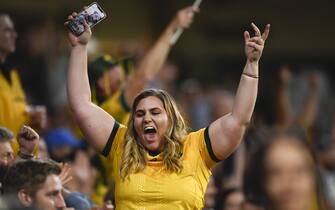 BRISBANE, AUSTRALIA - NOVEMBER 07: Wallabies fans celebrate during the 2020 Tri-Nations match between the Australian Wallabies and the New Zealand All Blacks at Suncorp Stadium on November 07, 2020 in Brisbane, Australia. (Photo by Albert Perez/Getty Images)