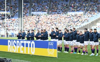 ROME, ITALY - March 11: Scotland's players show their support for Ukraine during a Six Nations match between Italy and Scotland at the Stadio Olimpico, on March 12, 2022, in Rome, Italy. (Photo by Ross MacDonald/SNS Group via Getty Images)