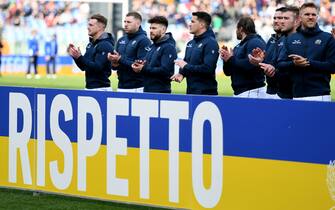 ROME, ITALY - March 11: Scotland's players show their support for Ukraine during a Six Nations match between Italy and Scotland at the Stadio Olimpico, on March 12, 2022, in Rome, Italy. (Photo by Ross MacDonald/SNS Group via Getty Images)