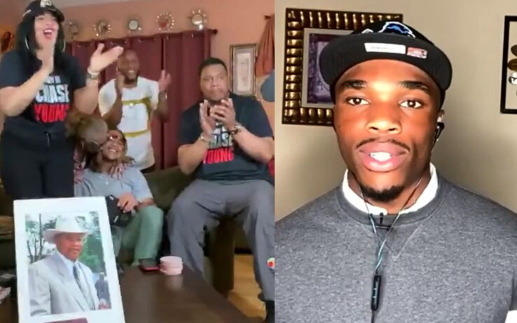 La famiglia Young (a sinistra) esulta, Okudah (a destra) durante la prima intervista Young (a sinistra) e Okudah (a destra)