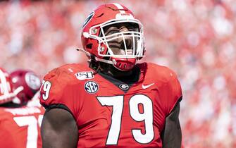 ATHENS, GA - OCTOBER 12: Isaiah Wilson #79 of the Georgia Bulldogs celebrates after the Swift touchdown during a game between University of South Carolina Gamecocks and University of Georgia Bulldogs at Sanford Stadium on October 12, 2019 in Athens, Georgia. (Photo by Steve Limentani/ISI Photos/Getty Images).