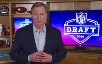 UNSPECIFIED LOCATION - APRIL 23: (EDITORIAL USE ONLY) In this still image from video provided by the NFL, NFL Commissioner Roger Goodell speaks from his home in Bronxville, New York during the first round of the 2020 NFL Draft on April 23, 2020. (Photo by NFL via Getty Images)