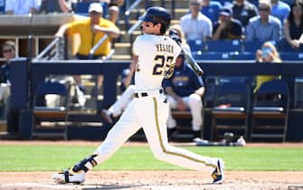 1210854476 MARYVALE, ARIZONA - MARCH 06: Christian Yelich #22 of the Milwaukee Brewers follows through on a swing during the first inning of a spring training game against the San Francisco Giants at American Family Fields of Phoenix on March 06, 2020 in Maryvale, Arizona. (Photo by Norm Hall/Getty Images)