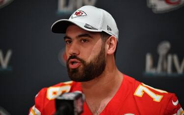 AVENTURA, FLORIDA - JANUARY 29: Laurent Duvernay-Tardif #76 of the Kansas City Chiefs speaks to the media during the Kansas City Chiefs media availability prior to Super Bowl LIV at the JW Marriott Turnberry on January 29, 2020 in Aventura, Florida. (Photo by Mark Brown/Getty Images)
