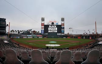 SAN FRANCISCO, CALIFORNIA - AUGUST 26: Black Lives Matter is displayed on the screen after the postponement of the game between the San Francisco Giants and the Los Angeles Dodgers at Oracle Park on August 26, 2020 in San Francisco, California. Several sporting leagues across the nation today are postponing their schedules as players protest the shooting of Jacob Blake by Kenosha, Wisconsin police. (Photo by Lachlan Cunningham/Getty Images)