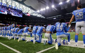 DETROIT, MI - SEPTEMBER 24: Members of  the Detroit Lions take a knee during the playing of the national anthem prior to the start of the game against the Atlanta Falcons at Ford Field on September 24, 2017 in Detroit, Michigan. (Photo by Rey Del Rio/Getty Images)