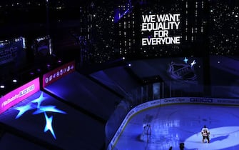 TORONTO, ONTARIO - AUGUST 29:  A message is displayed on the video board, as the NHL addresses racism, in light of the recent events in Kenosha, Wisconsin, in regards to the shooting of Jacob Blake, prior to Game Three of the Eastern Conference Second Round between the New York Islanders and the Philadelphia Flyers during the 2020 NHL Stanley Cup Playoffs at Scotiabank Arena on August 29, 2020 in Toronto, Ontario. (Photo by Elsa/Getty Images)