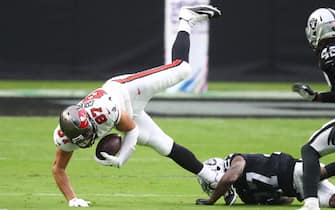 Oct 25, 2020; Paradise, Nevada, USA; Tampa Bay Buccaneers tight end Rob Gronkowski (87) is upended while being tackled against the Las Vegas Raiders at Allegiant Stadium. Mandatory Credit: Mark J. Rebilas-USA TODAY Sports/Sipa USA