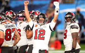 Feb 7, 2021; Tampa, FL, USA;  Tampa Bay Buccaneers quarterback Tom Brady (12) celebrates during the fourth quarter against the Kansas City Chiefs in Super Bowl LV at Raymond James Stadium.  Mandatory Credit: Mark J. Rebilas-USA TODAY Sports/Sipa USA