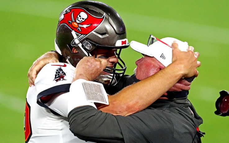 32246168 Feb 7, 2021; Tampa, FL, USA; Tampa Bay Buccaneers quarterback Tom Brady (12) and head coach Bruce Arians celebrate during the fourth quarter in Super Bowl LV against the Kansas City Chiefs at Raymond James Stadium. Mandatory Credit: Mark J. Rebilas-USA TODAY Sports/Sipa USA