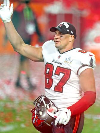 Feb 7, 2021; Tampa, FL, USA;  Tampa Bay Buccaneers tight end Rob Gronkowski (87) celebrate after beating the Kansas City Chiefs in Super Bowl LV at Raymond James Stadium.  Mandatory Credit: Mark J. Rebilas-USA TODAY Sports/Sipa USA