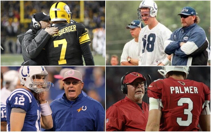 Arians con Roethlisberger a Pittsburgh (in alto a sinistra), Manning (in alto a destra) e Luck (in basso a sinistra) a Indianapolis e Palmer (in basso a destra) ai Cardinals Arians quarterback