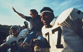Raiders' head coach John Madden celebrates in the Oakland 32-14 win over the Vikings at the Super Bowl XI game of the Oakland Raiders vs the Minnesota Vikings played at the Rose Bowl in Pasadena, California on  January 9, 1977. (Photo by Dennis Desprois/Getty Images)