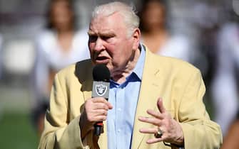 OAKLAND, CA - SEPTEMBER 18:  Former Oakland Raiders head coach John Madden wearing his Hall of Fame Jacket speaks to the fans during the un vailing of the Hall of Fame busts for former Raider and teammate Ken Stabler at halftime of an NFL game between the Atlanta Falcons and Oakland Raiders at the Oakland-Alameda County Coliseum on September 18, 2016 in Oakland, California.  (Photo by Thearon W. Henderson/Getty Images)