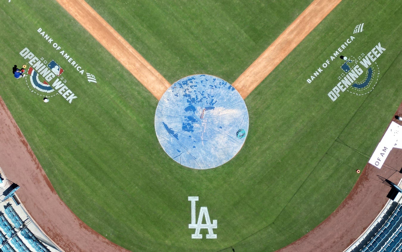A general overall aerial view of the MLB Opening Week logo on the infield at Dodger Stadium, Tuesday, Mar. 28, 2023, in Los Angeles.  (Photo by Image of Sport/Sipa USA)
