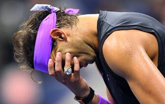 TOPSHOT - Rafael Nadal of Spain reacts during the men's Singles Finals match against Daniil Medvedev of Russia at the 2019 US Open at the USTA Billie Jean King National Tennis Center in New York on September 8, 2019. (Photo by Johannes EISELE / AFP)        (Photo credit should read JOHANNES EISELE/AFP/Getty Images)