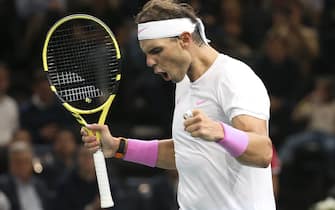 PARIS, FRANCE - OCTOBER 30: Rafael Nadal of Spain celebrates his second round victory against Adrian Mannarino of France on day 3 of the Rolex Paris Masters 2019, an ATP World Tour Masters 1000 at AccorHotels Arena on October 30, 2019 in Paris, France. (Photo by Jean Catuffe/Getty Images)