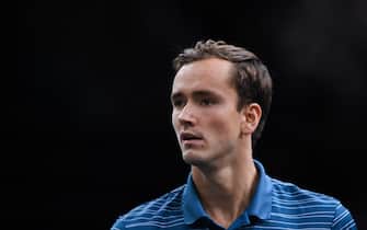 Russia's Daniil Medvedev reacts during his tennis match against France's Jeremy Chardy during their men's singles tennis match on day two of the ATP World Tour Masters 1000 - Rolex Paris Masters - indoor tennis tournament at The AccorHotels Arena in Paris on October 29, 2019. (Photo by Christophe ARCHAMBAULT / AFP) (Photo by CHRISTOPHE ARCHAMBAULT/AFP via Getty Images)