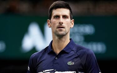 PARIS, FRANCE - OCTOBER 30:  Novak Djokovic of Serbia looks on in his mens singles second round match against Corentin Moutet of France during Day three of the Rolex Paris Masters at AccorHotels Arena on October 30, 2019 in Paris, France. (Photo by Quality Sport Images/Getty Images)
