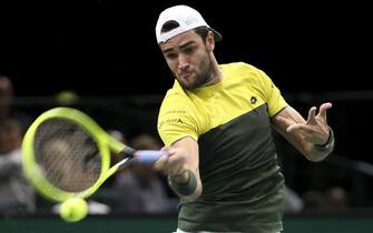 PARIS, FRANCE - OCTOBER 30: Matteo Berrettini of Italy returns a shot on day 3 of the Rolex Paris Masters 2019, an ATP World Tour Masters 1000 at AccorHotels Arena on October 30, 2019 in Paris, France. (Photo by Jean Catuffe/Getty Images)