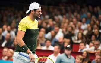 Matteo Berrettini of Italy reacts during the ATP Tour Tennis Open semi-final match against Dominic Thiem of Austria (unseen) in Vienna, Austria on October 26, 2019. (Photo by Michael GRUBER / various sources / AFP) / Austria OUT (Photo by MICHAEL GRUBER/EXPA/AFP via Getty Images)