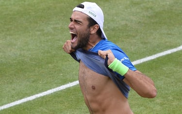 Italy's Matteo Berrettini celebrates after defeating Canada's Felix Auger-Aliassime at the end of their final at the ATP Mercedes Cup tennis tournament in Stuttgart, southwestern Germany, on June 16, 2019. (Photo by Thomas KIENZLE / AFP)        (Photo credit should read THOMAS KIENZLE/AFP via Getty Images)