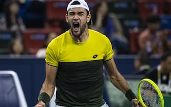 SHANGHAI, CHINA - OCTOBER 11: Matteo Berrettini of Italy celebrates his victory over Dominic Thiem of Austria in the quarter finals of the Rolex Shanghai Masters at the Qi Zhong Tennis Centre on October 11, 2019 in Shanghai, China. (Photo by TPN/Getty Images)