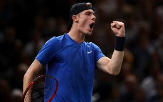 PARIS, FRANCE - NOVEMBER 01: Denis Shapovalov of Canada celebrates a point in his match against Gael Monfils of France on day 5 of the Rolex Paris Masters, part of the ATP World Tour Masters 1000 held at the at AccorHotels Arena on November 01, 2019 in Paris, France. (Photo by Dean Mouhtaropoulos/Getty Images)