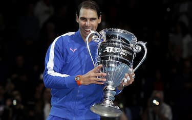 LONDON, ENGLAND - NOVEMBER 15:  Rafael Nadal of Spain poses with his trophy after being announced as ATP Tour end of year world number one following his singles match against Stefanos Tsitsipas of Greece during Day Six of the Nitto ATP World Tour Finals at The O2 Arena on November 15, 2019 in London, England. (Photo by Julian Finney/Getty Images)