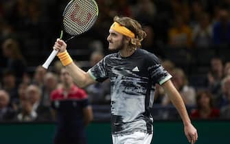 PARIS, FRANCE - OCTOBER 30:  Stefanos Tsitsipas of Greece celebrates after defeating in his mens singles second round match against Taylor Fritz of United States during Day three of the Rolex Paris Masters at AccorHotels Arena on October 30, 2019 in Paris, France. (Photo by Quality Sport Images/Getty Images)