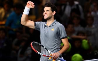 PARIS, FRANCE - OCTOBER 30:  Dominic Thiem of Austria celebrates his victory against Milos Raonic of Canada on day 3 of the Rolex Paris Masters, part of the ATP World Tour Masters 1000 held at the at AccorHotels Arena on October 30, 2019 in Paris, France. (Photo by Dean Mouhtaropoulos/Getty Images)