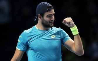 LONDON, ENGLAND - NOVEMBER 14: Matteo Berrettini of Italy celebrates in his singles match against Dominic Thiem of Austria during Day Five of the Nitto ATP World Tour Finals at The O2 Arena on November 14, 2019 in London, England. (Photo by James Chance/Getty Images)