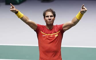 MADRID, SPAIN - NOVEMBER 23: Rafael Nadal of Spain celebrates winning match point in their semi final doubles match against Great Britain on Day Six of the 2019 Davis Cup at La Caja Magica on November 23, 2019 in Madrid, Spain. (Photo by fotopress/Getty Images)