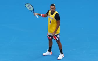 MELBOURNE, AUSTRALIA - JANUARY 27: Nick Kyrgios of Australia warms up wearing a number 8 Kobe Bryant Jersey ahead of his Men's Singles fourth round match against Rafael Nadal of Spain on day eight of the 2020 Australian Open at Melbourne Park on January 27, 2020 in Melbourne, Australia. (Photo by Cameron Spencer/Getty Images)