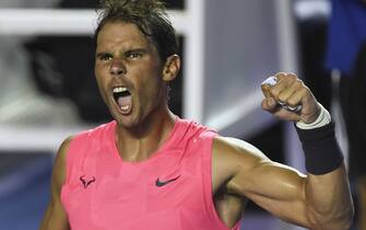 Spain's Rafael Nadal celebrates after defeating Serbia's Miomir Kecmanovic (out of frame) during their Mexico ATP Open 500 men's singles tennis match in Acapulco, Guerrero State, Mexico, on February 26, 2020. (Photo by PEDRO PARDO / AFP) (Photo by PEDRO PARDO/AFP via Getty Images)