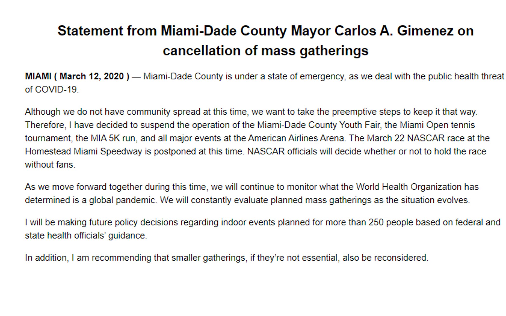 Il comunicato apparso sulla pagina internet del Miami-Dade County miami open