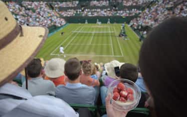 A spectator eats strawberries and cream as she watches Spain's David Ferrer play against Russia's Andrey Kuznetsov during their men's singles second round match on day three of the 2014 Wimbledon Championships at The All England Tennis Club in Wimbledon, southwest London, on June 25, 2014. AFP PHOTO / CARL COURT - RESTRICTED TO EDITORIAL USE (Photo credit should read CARL COURT/AFP via Getty Images)