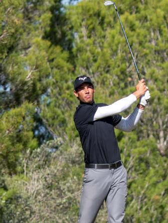 epa08772753 Spanish tennis player Rafael Nadal competes in Balearic Golf Championship at Maioris golf club in Llucmajor, Majorca island, eastern Spain, 25 October 2020.  EPA/CATI CLADERA