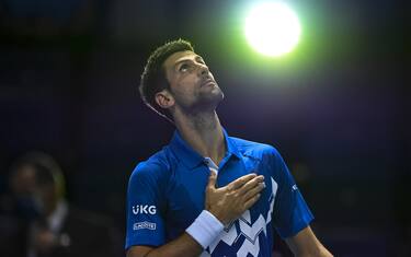 LONDON, ENGLAND - NOVEMBER 16: Novak Djokovic of Serbia celebrates his victory over Diego Schwartzman of Argentina during Day 2 of the Nitto ATP World Tour Finals at The O2 Arena on November 16, 2020 in London, England. (Photo by TPN/Getty Images)