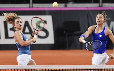2019 Tennis Fed Cup between the national teams of Russia and Italy at the CSKA Indoor Track and Field Complex. Second day. Italian tennis players Sara Errani and Jasmine Paolini (left) during a doubles match Russian tennis players Vlada Koval and Anastasia Potapova.
April 21, 2019. Russia, Moscow. Photo credit: Emin Dzhafarov/Kommersant/Sipa USA