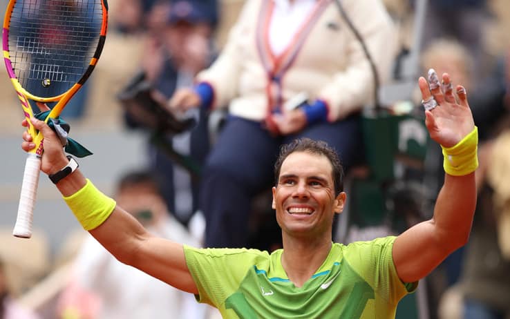 PARIS, FRANCE - MAY 23: Rafael Nadal of Spain celebrates winning match point against Jordan Thompson of Australia during the Men's Singles First Round match on Day 2 of The 2022 French Open at Roland Garros on May 23, 2022 in Paris, France. (Photo by Adam Pretty/Getty Images)
