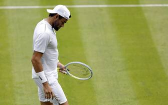 Matteo Berrettini practices on centre court ahead of the 2022 Wimbledon Championship at the All England Lawn Tennis and Croquet Club, Wimbledon. Picture date: Thursday June 23, 2022.