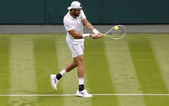 Matteo Berrettini practices on centre court ahead of the 2022 Wimbledon Championship at the All England Lawn Tennis and Croquet Club, Wimbledon. Picture date: Thursday June 23, 2022.